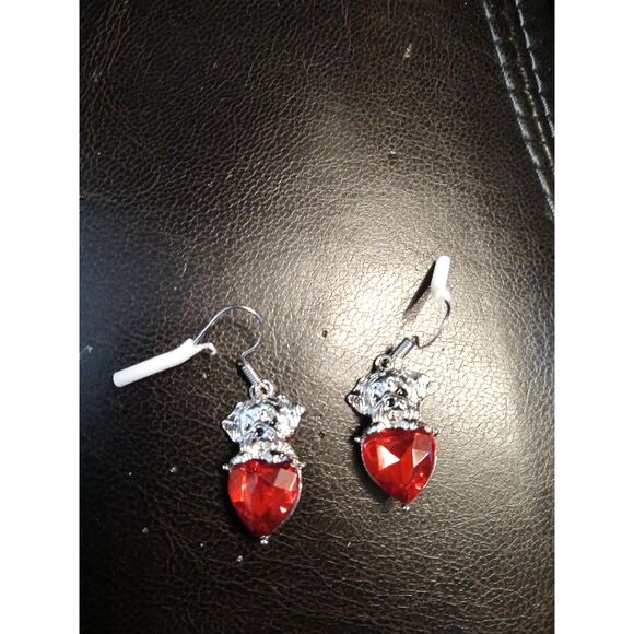 Puppy Dog on Red Rhinestone Heart Earrings Love Valentines Dogs - Picture 4 of 5